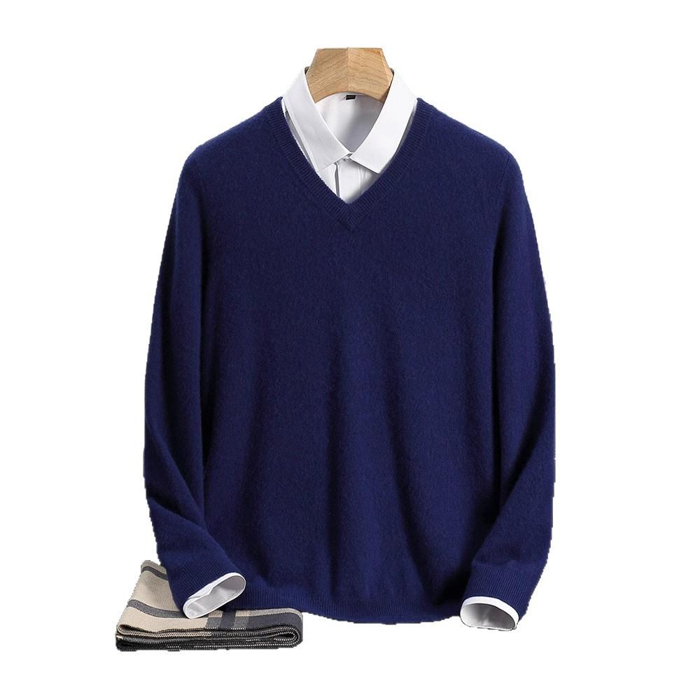 New solid color V-neck cashmere sweater men's long-sleeved pullover loose sweater with wool sweater inside
