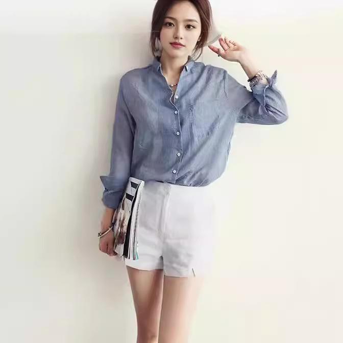 POLO collar single-breasted multi-button spot new Korean version versatile college-style Harajuku shirt long-sleeved cotton and linen shirt women's