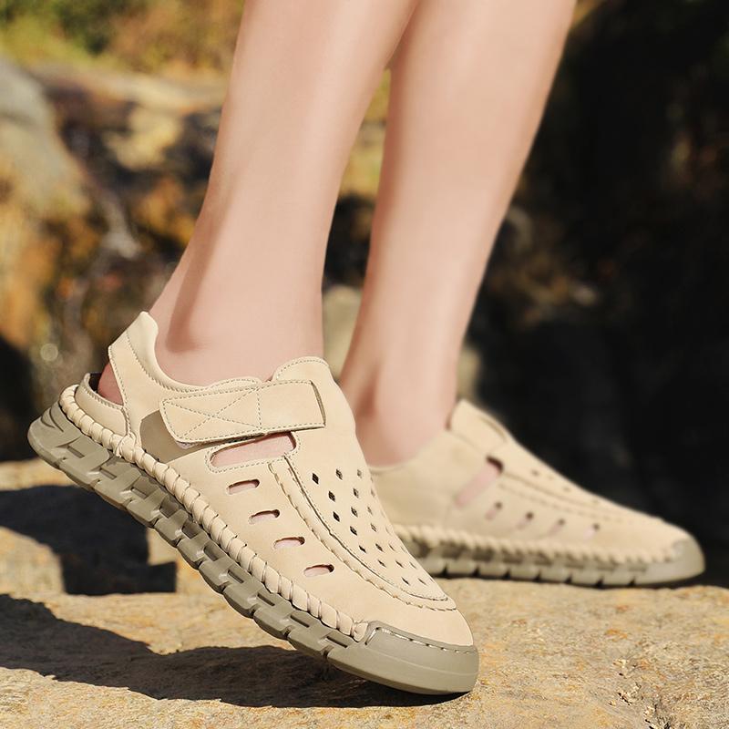 Fashion Fashion Breathable Men Sandals Handmade Leather Summer Outdoor Comfort Walking Beach Flats Cool Mesh Sneakers Non-Slip Sandalias