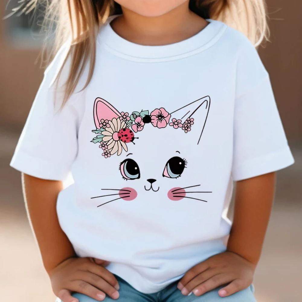 Girl Clothes Cute Floral Cat Pattern Summer Short Sleeve Tops Animal Cartoon Print Tees Fashion O-Neck Loose Children's Clothing