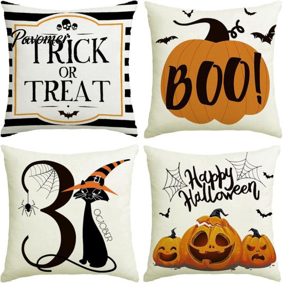 Square Sofa Cushion Protectors Halloween Ghost Cover, Retro Pumpkin Throw Pillow Case, 18x18 Covers Inch Washable Cover for Couch Bed Decor Breathable