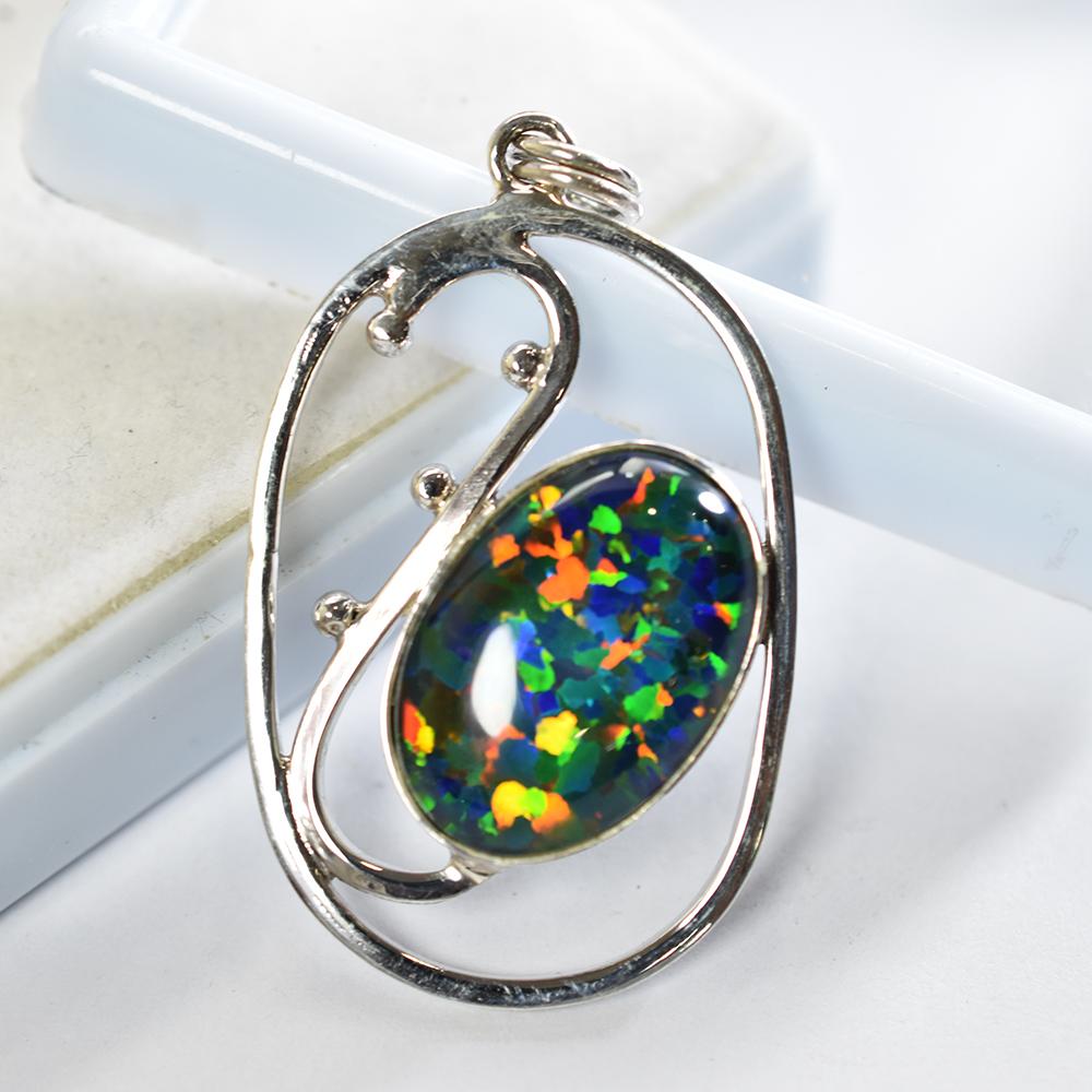 Natural Opal Pendant 39.87 ct Multi-Color Oval Cut 925 Sterling Silver October Birthday Birthstone