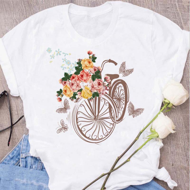 Woman Funny Bicycle Floral Print T Shirt Harajuku Women Tshirts Casual O-Neck Short Sleeves Tops Tees Shirt,Drop Shipping