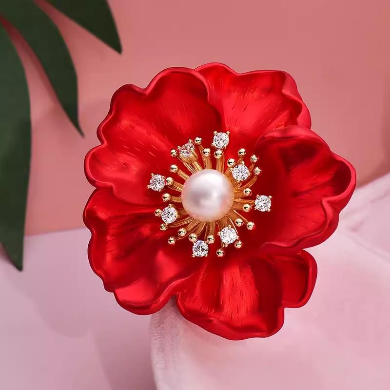Elegant Chinese Red Peony Pearl Brooch for Women's Coats
