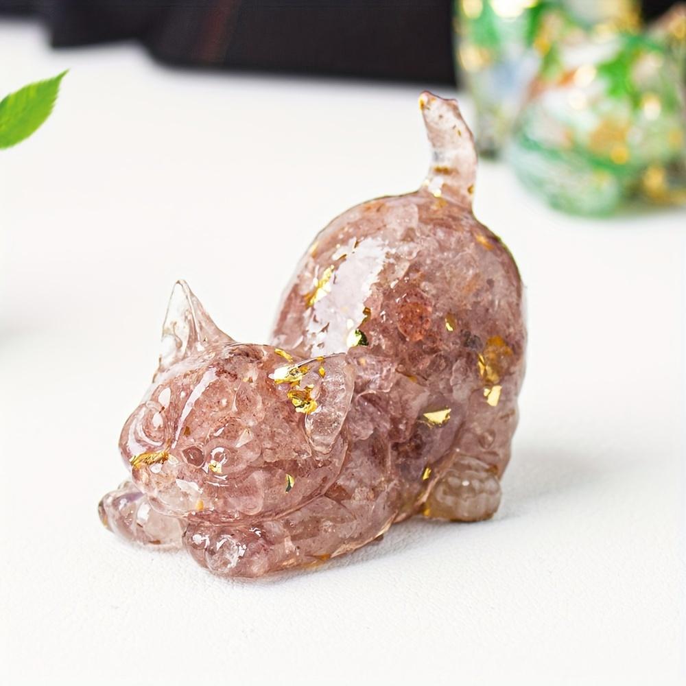 1.77in Resin Cat Statue with Tail, Natural Crystal Gemstone Figurine, Feng Shui Spiritual Decor for Halloween Christmas Gift