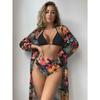 European and American Sexy Bikini Three-Piece Printed Mesh Blouse Swimsuit