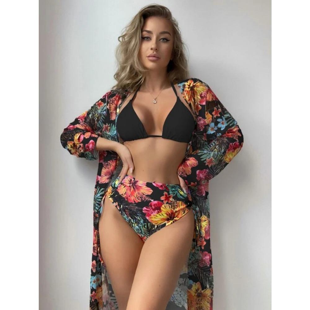 European and American Sexy Bikini Three-Piece Printed Mesh Blouse Swimsuit