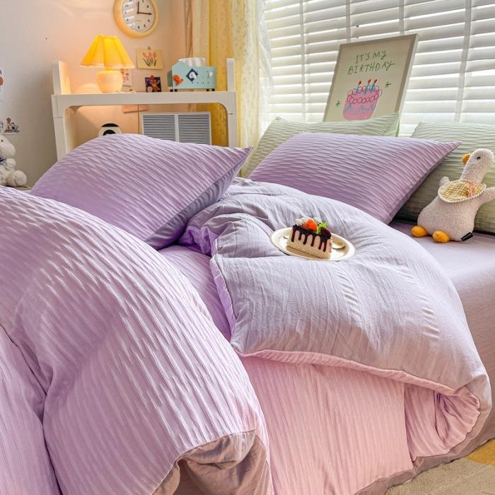Washed Cotton Four-piece Set, Simple Bed Sheet Quilt Cover, Dormitory Pure Cotton Solid Color Three-piece Set