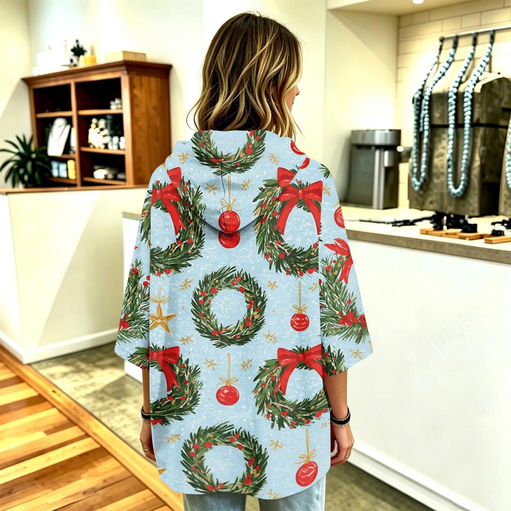 Women's Fashion Christmas Print Hooded Pullover Top, 3/4 Sleeve Casual Tunic
