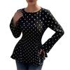 Women's Fashion Slim Fit Polka Dot Round Neck Pleated Waist Zip-Up Woven Long Sleeve Top