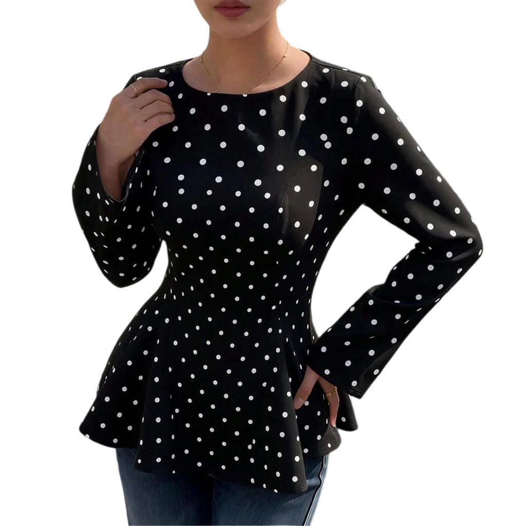 Women's Fashion Slim Fit Polka Dot Round Neck Pleated Waist Zip-Up Woven Long Sleeve Top