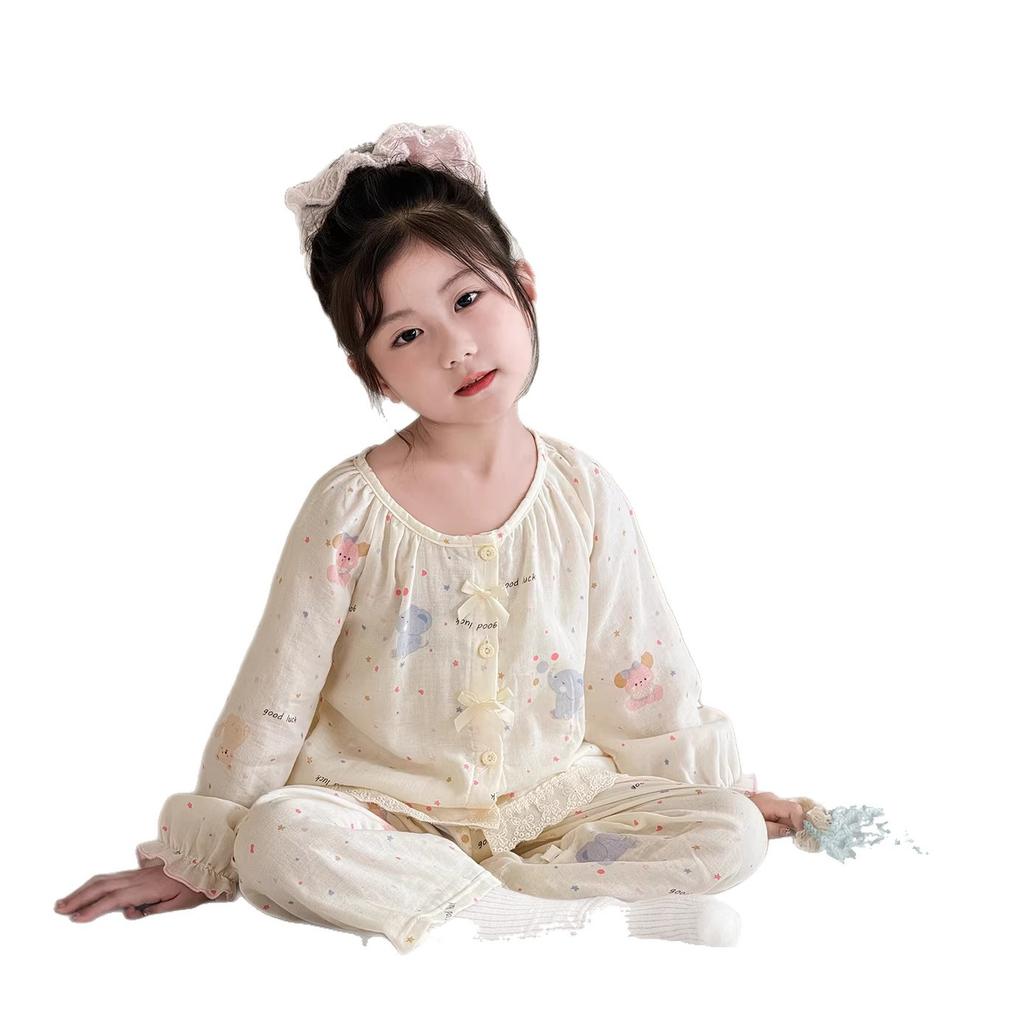 Spring And Summer New Children'S Gauze Pajamas Girls' Princess Style Lace Long-Sleeved Trousers Loungewear Set Loose And Thin