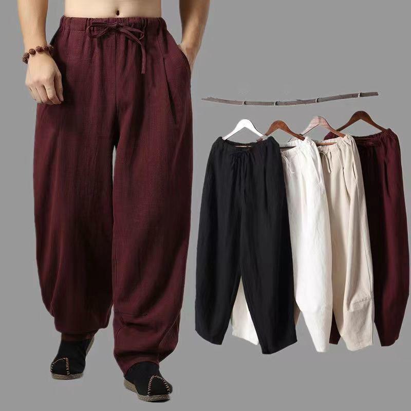 Męskie lniane spodnie z szerokimi nogawkami w stylu chińskim Męskie spodnie casualowe High Street Spodnie sportowe Duże rozmiary XS-5XL