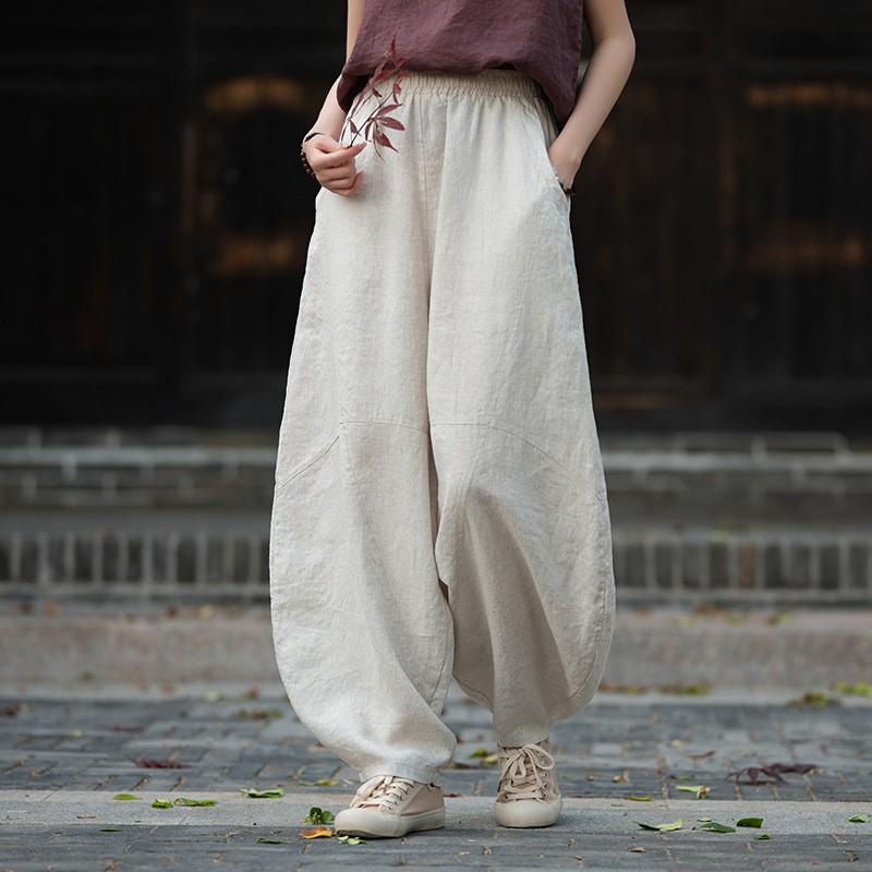 

Johnature Винтажные женские панталоны пэчворк свободные брюки осень эластичная талия однотонные длинные брюки L бежевый