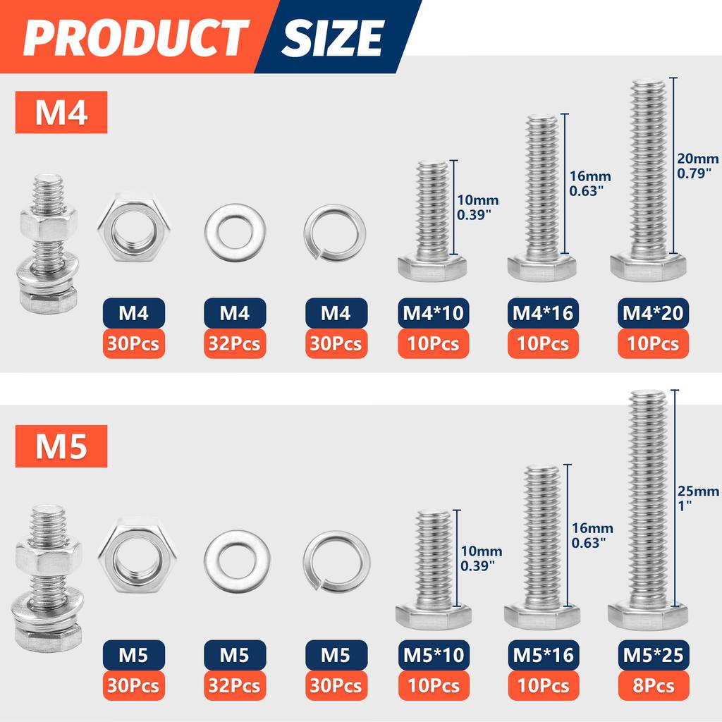 242pcs Stainless Steel Hex Head Nuts and Bolts Assortment Kit M4 M5 Sizes with Flat & Spring Lock Washers In Storage Case