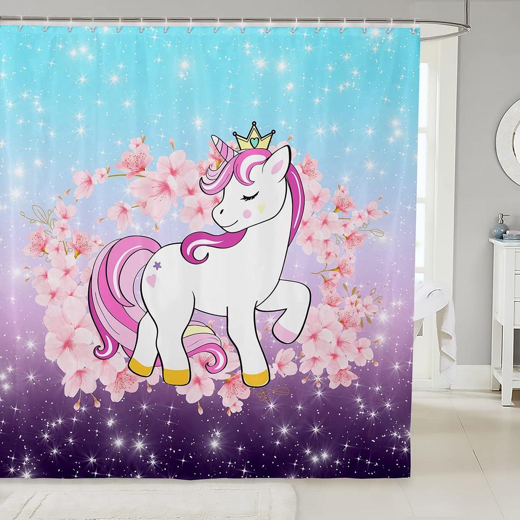 Gradient Purple Shower Curtain, Rainbow Unicorn Bath  Glitter Stars, Waterproof Curtains, Dreaming Cartoon Bathroom Deco