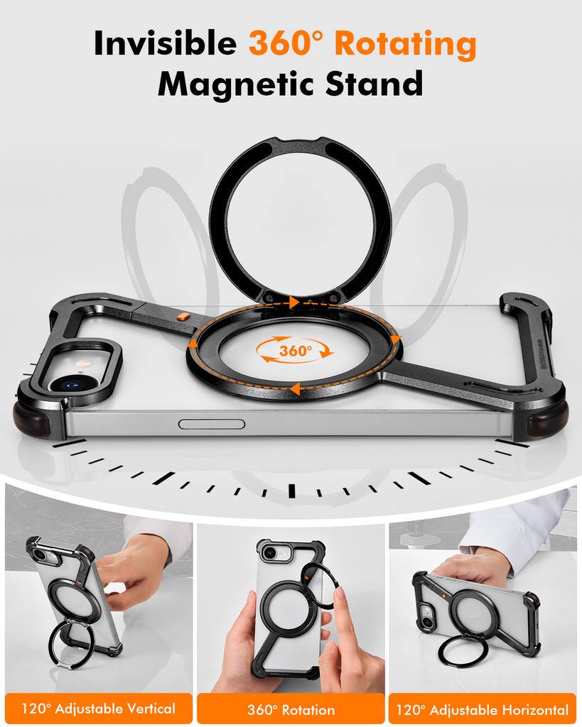 for iPhone 16 E Phone Case Magsafe With 360°Rotate Magnetic Ring Stand Z-Shaped Metal Frameless Shockproof Protector Cover
