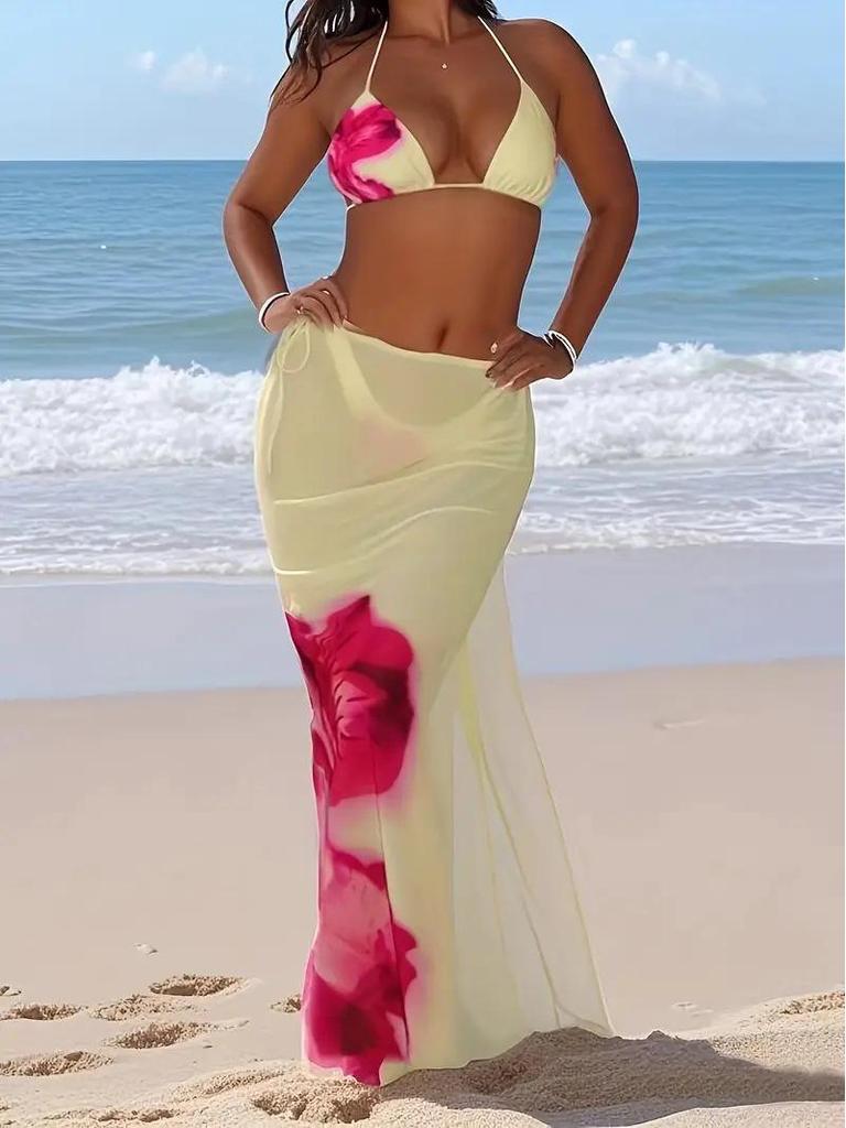 2025 Europäischer & Amerikanischer Print Rückenfreier Neckholder Bikini - Sexy Split Urlaubsbademode für Damen