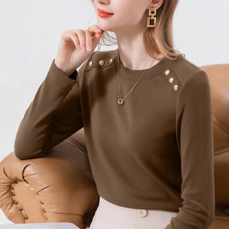 Button Design Imitation Cashmere Bottoming Shirt Women's Round Neck Summer Wear New Women's Wear Slim T-shirt Women's Top