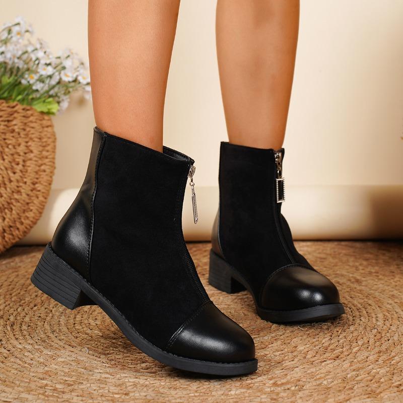 Fashion Spliced Suede Low-Heel Single Boots Autumn New Round Toe Zip Soft Sole Anti-Slip Wear-Resistant Short-Thigh Boots