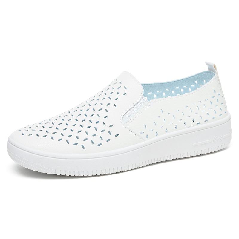 Hollow-out Women's Shoes, Breathable Perforated Thick-sole White Sneakers, Slip-on Lazy Soft-sole Casual Single Shoes.