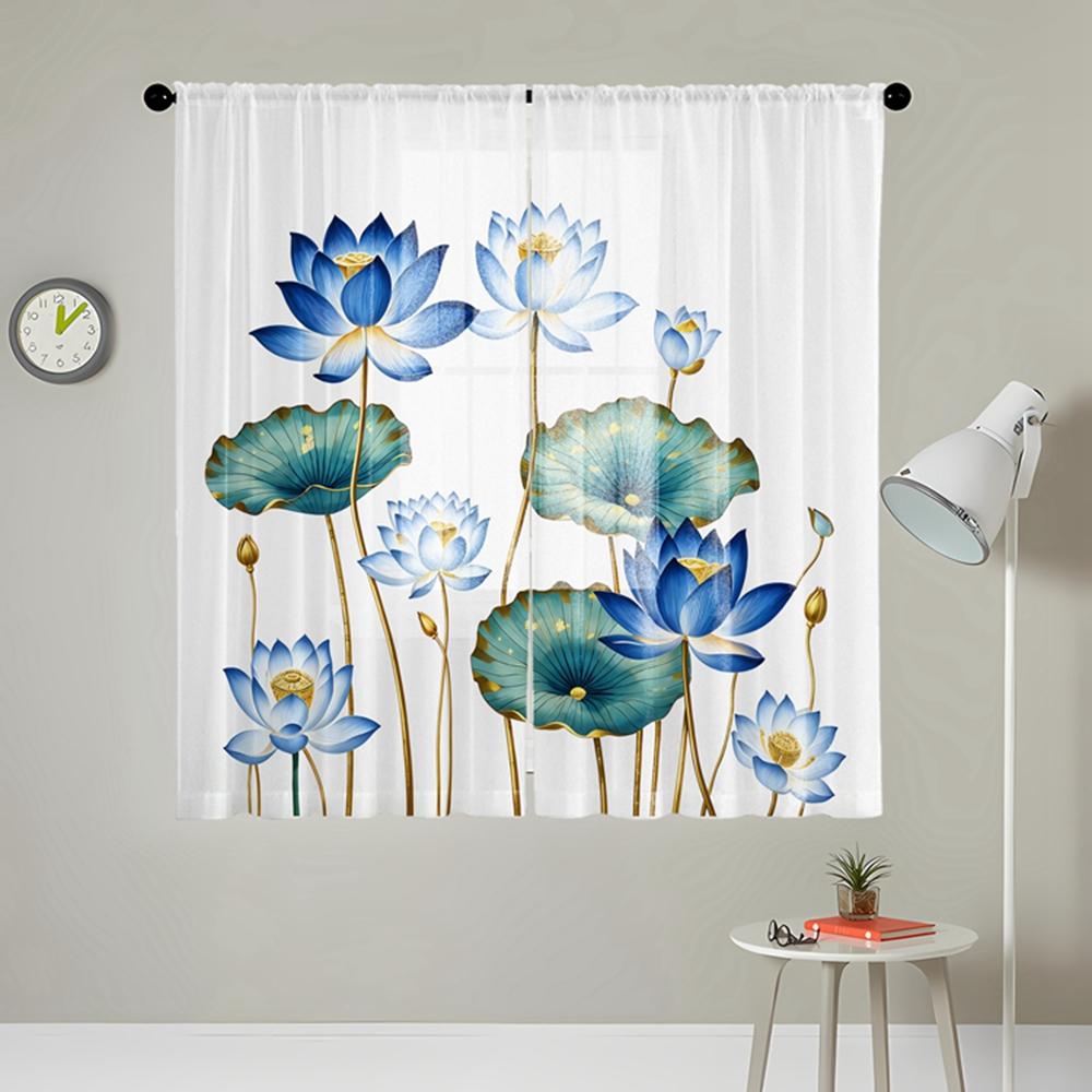 2 Pieces HD Digital Blue Lotus Printed Window Valance Home Decorating Style Decorating Living Room Bedroom Rodding Curtain Effec