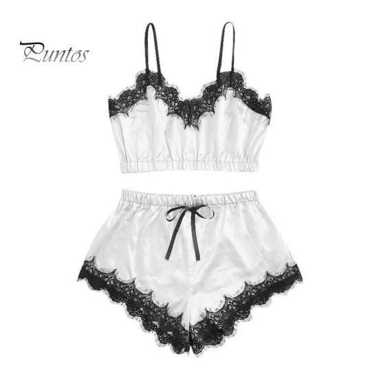Dámský dvoudílný pyžamový set Krajkový lem Výstřih do V Cami Crop Top Šortky s elastickým pasem Ležérní bez rukávů Noční oblečení Lounge set