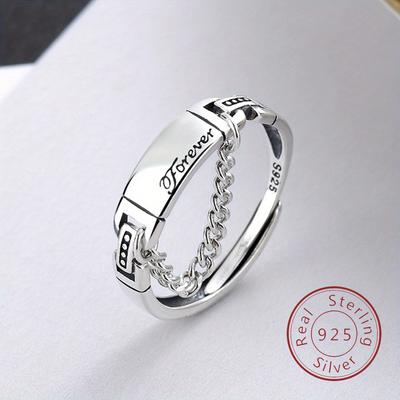 1 stuk 925 sterling zilver retro Engels alfabet ketting ring voor dames, eenvoudig verstelbaar Thais openingsdesign