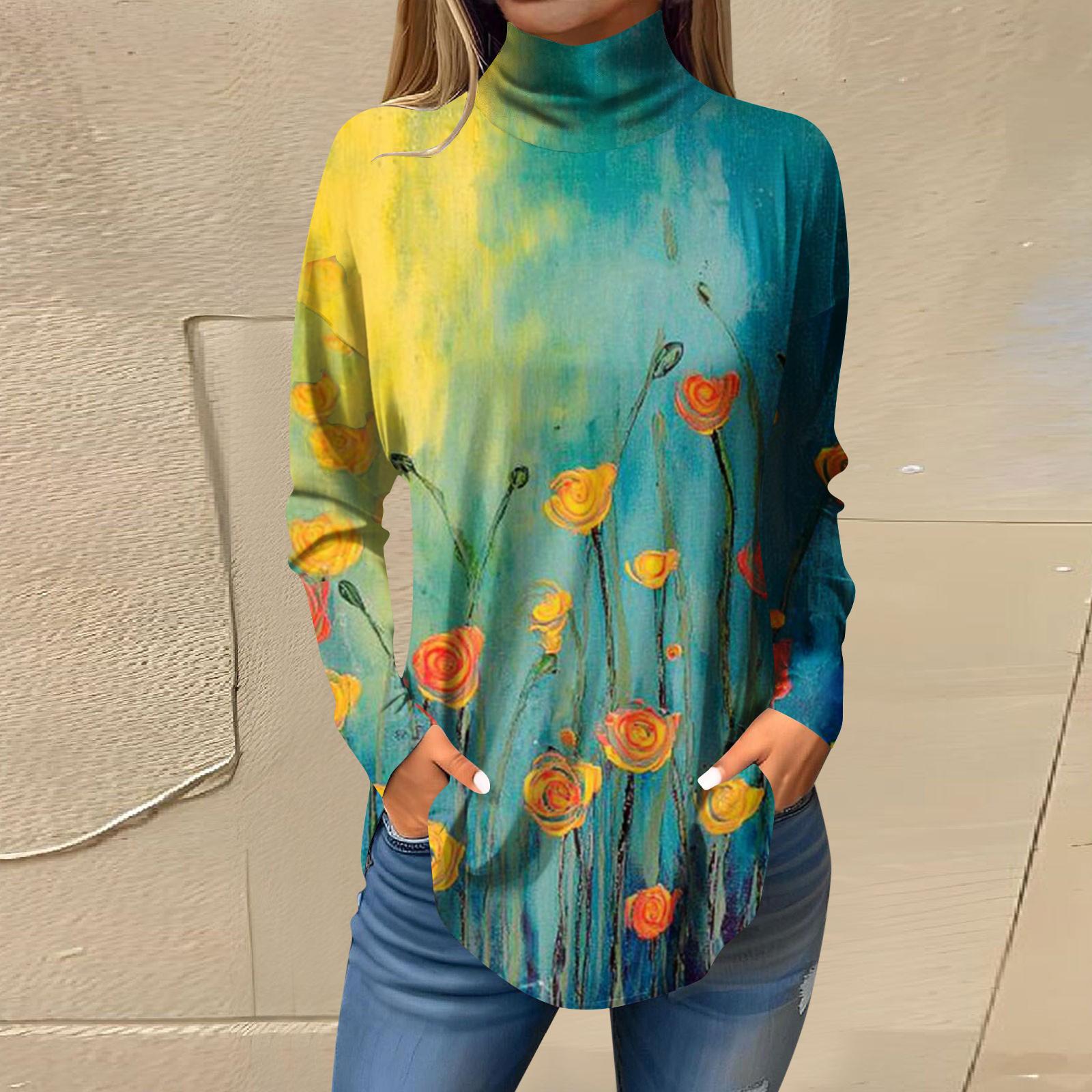 

Футболки для женщин, осенние повседневные рубашки с длинными рукавами, толстовка с винтажным принтом, топ с высоким воротом, пуловер XL зелёный