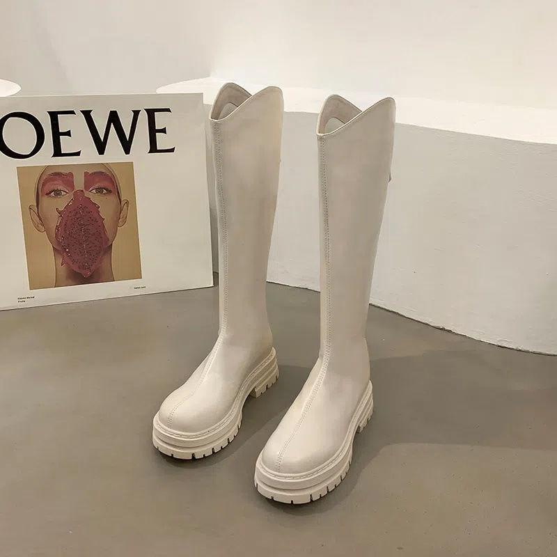 White long knight boots women's 2025 autumn new Chelsea boots winter velvet warm medium tube high boots