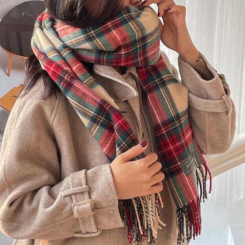 New Korean version plaid scarf women's winter versatile imitation cashmere atmosphere thickened scarf couple warm shawl