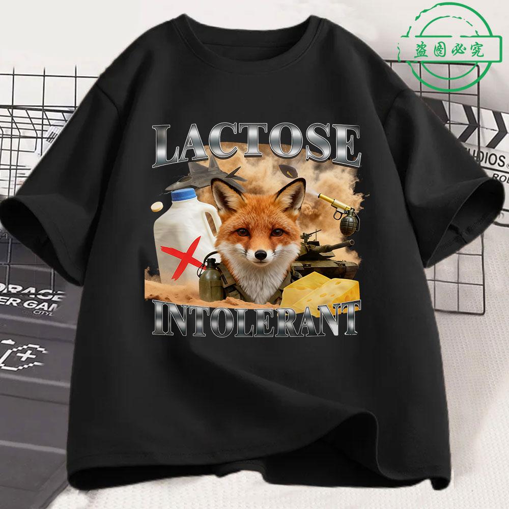 T-shirt Chat Drôle Intolérant au Lactose Unisexe Femme Mode Rétro Manches Courtes Coton Décontracté Confortable Oversize