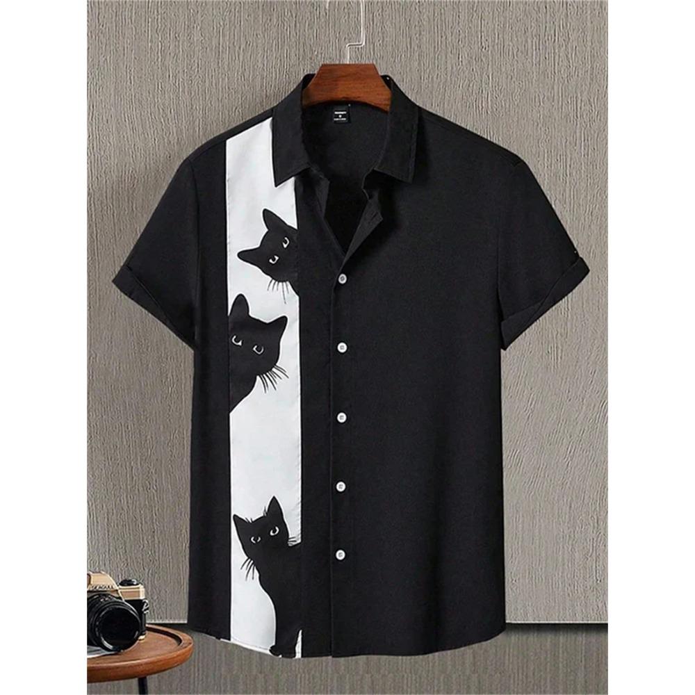 Men s Cat-themed Printed Short-sleeved Shirt, Casual Lapel, Loose Fit, Hawaiian Style, Trendy and Fashionable Men s Shirt. S