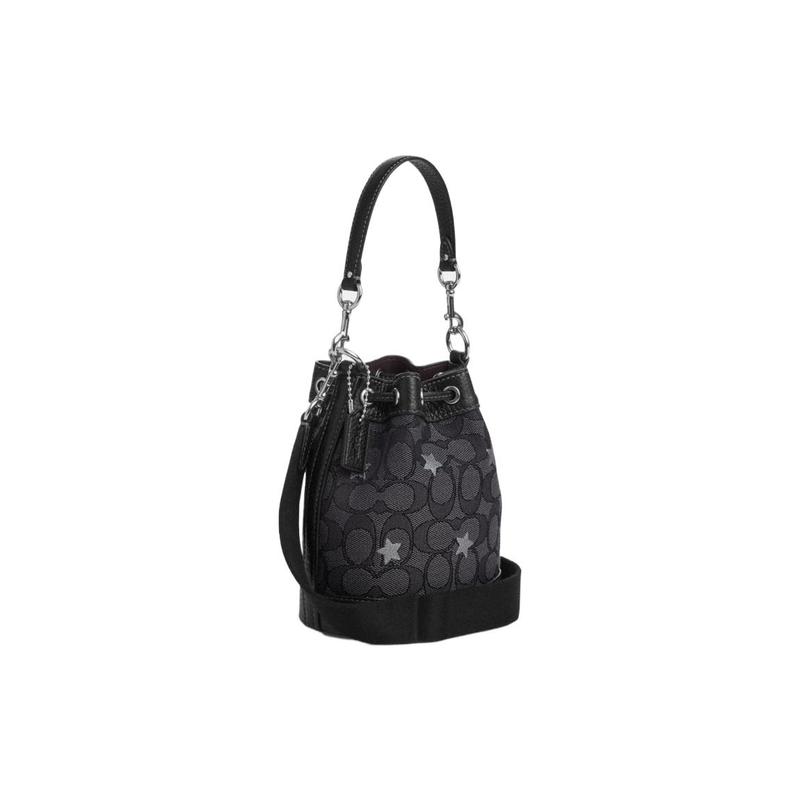 Coach Dempsey 14 Letter Logo Logo Drawstring Closure Star Print Cowhide Bucket Bag Shoulder Crossbody Handbag Mini Women's Black Gray