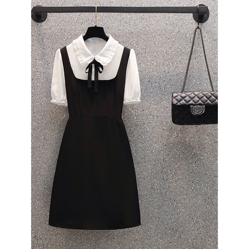 

Summer Clothing French style Retro Preppy Fake Two Pieces Patchwork Dress Plus size Fat Sister Waist Hugging Slimming Short sleeve Long dress Black skirt Size L