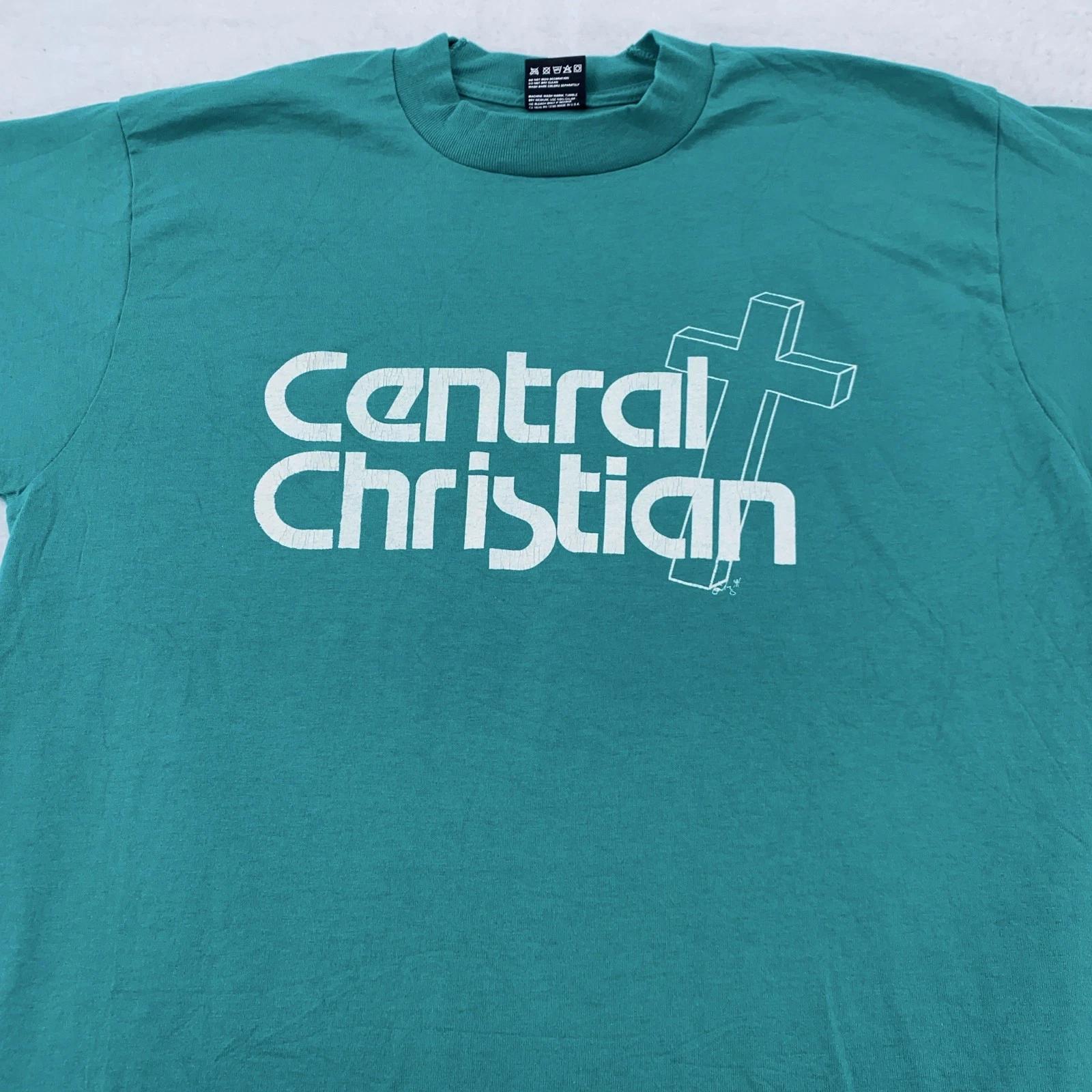 

Vintage Central Christian T-Shirt Mens M/L Fruit of the Loom 90s Religious Tee S
