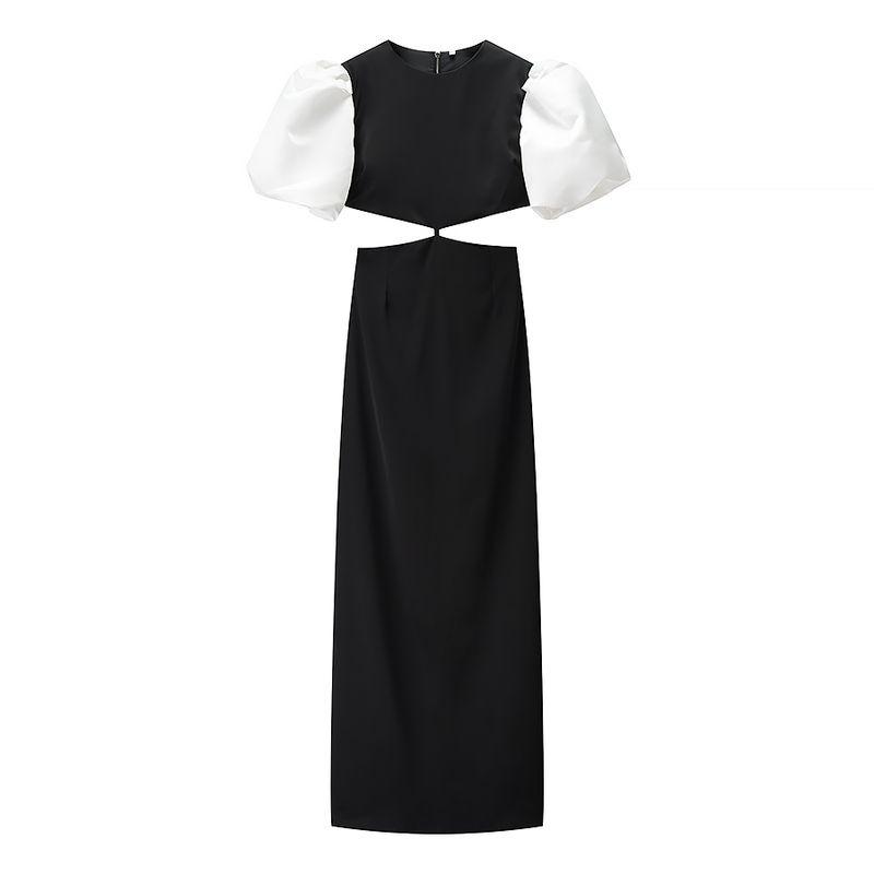 

Kaslead New Women clothes Western Style Fashion Slim fit Simple Open Waist Hollow out Short sleeve Dress Black L