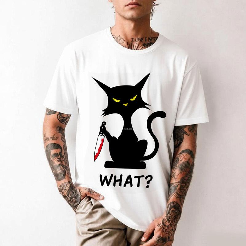 Funny Murderous Cat What Black Cat with Knife Scary Halloween Gift T Shirt 0706 Cartoon Kitty G