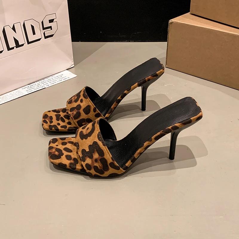 Women's Leopard Print Slippers 2025 Summer New Peep Toe Thin High Heels Slippers Square Toe Sandals Women Sexy Party Shoes Woman