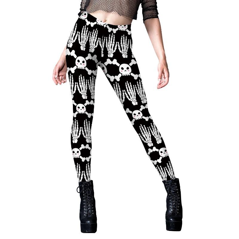 Halloween Pants Skull Pattern Digital Printing Striped Small Feet Yoga Pants Leggings Women