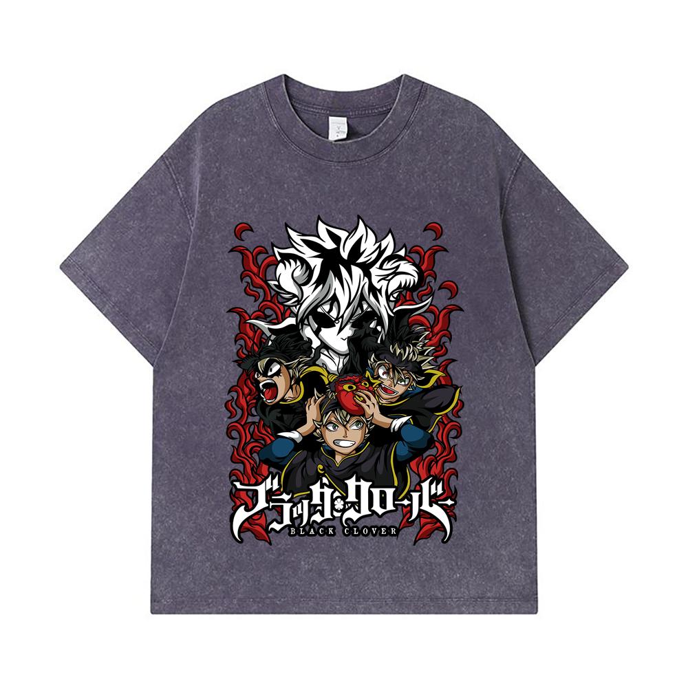 275 GSM Washed T-shirts 100% Cotton Black Clover V9 Print Unisex Heavy Cotton T Shirt