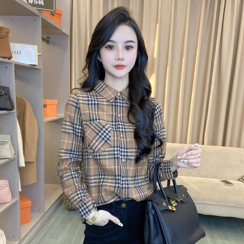 

Retro Plaid Shirt Women s Spring & Fall Classy European Goods Fashion Fashionable Pure Cotton Silm Checked Shirt Long Sleeves Tops Khaki Gingham Shirt S