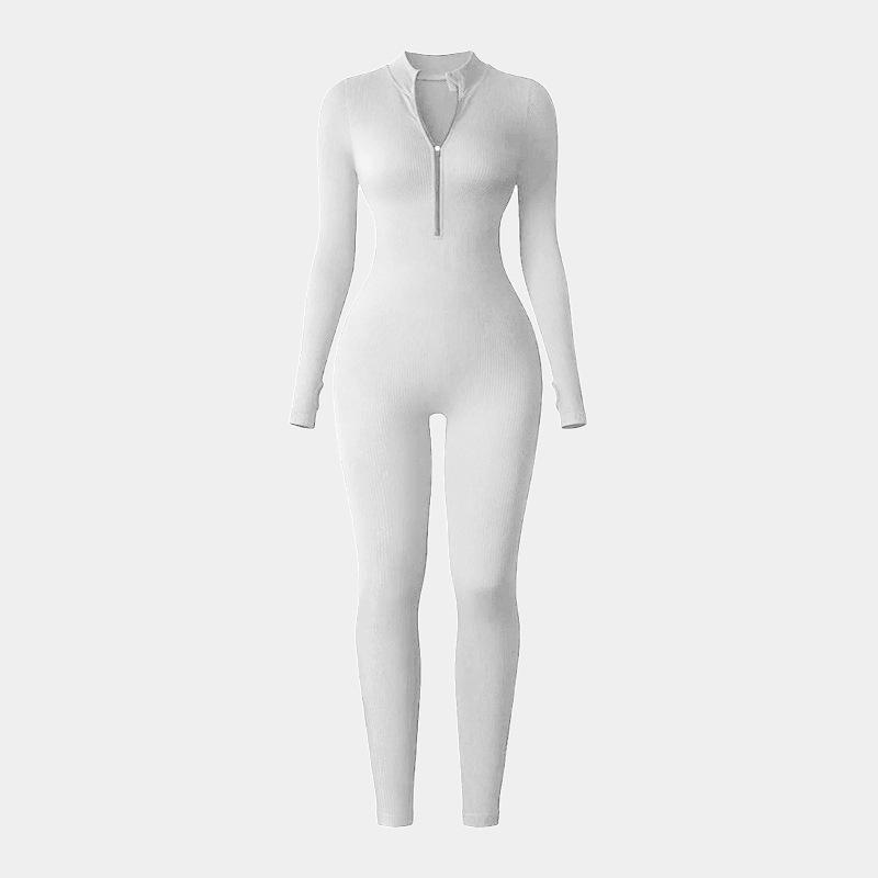 European-Style One-Piece Sport Jumpsuit for Women with Zipper, Stand Collar, Long Sleeves, Thumb Holes, Hip Lifting, and Tummy Control