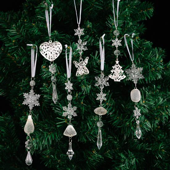 Christmas Tree Crystal Decoration Iridescent Clear Acrylic Snowflake Hanging Ornaments with Drop Pendants for Xmas Tree Winter Party Decoration