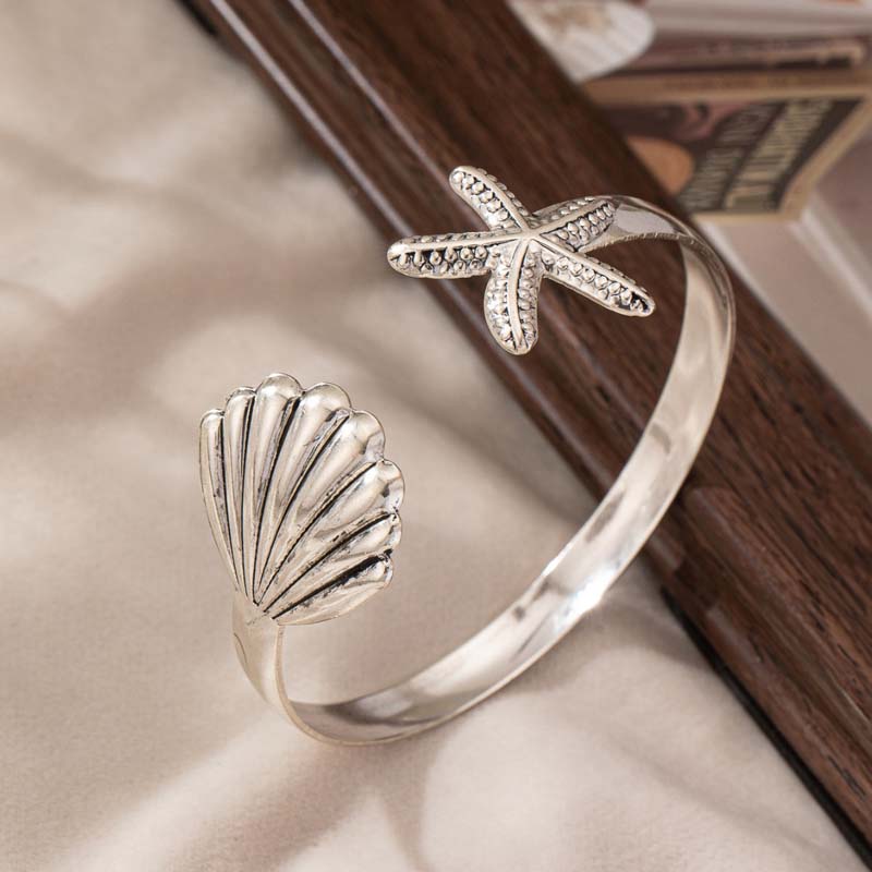 Stainless Steel Starfish Shell Open Bracelet Rings For Women Men Exaggerated Silver Color Geometric Adjustable Bracelet Jewelry
