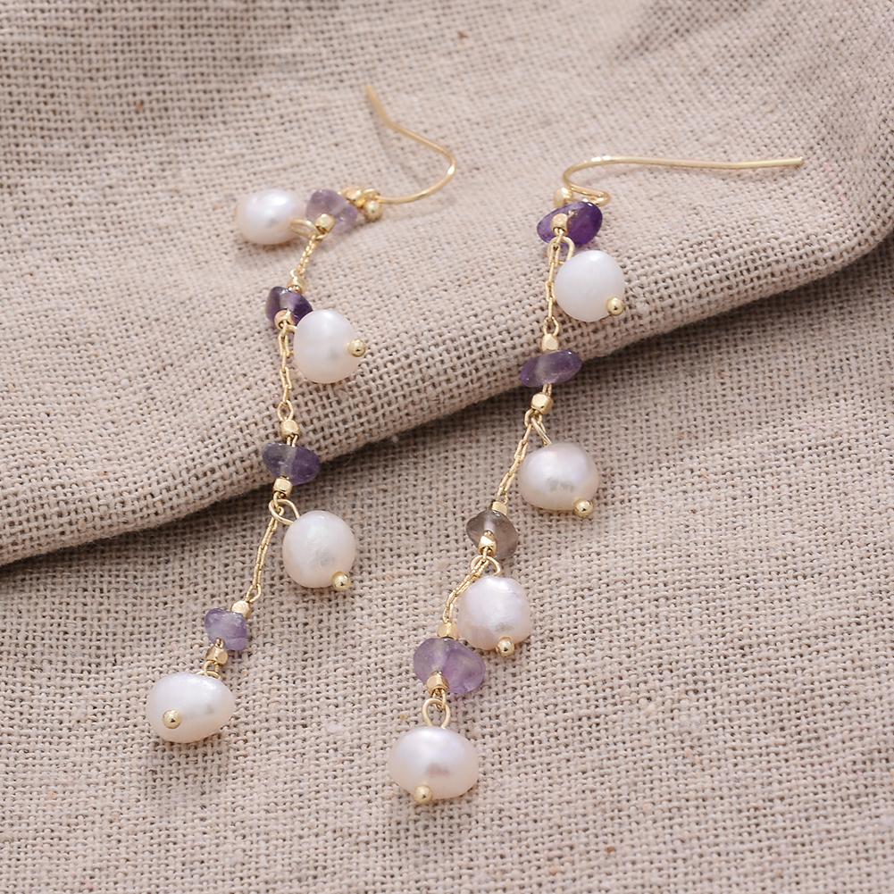 Original Handmade 14K Gold Filled Natural Freshwater Pearl Amethyst Flower Lady Tassel Drop Earrings  Female Gift