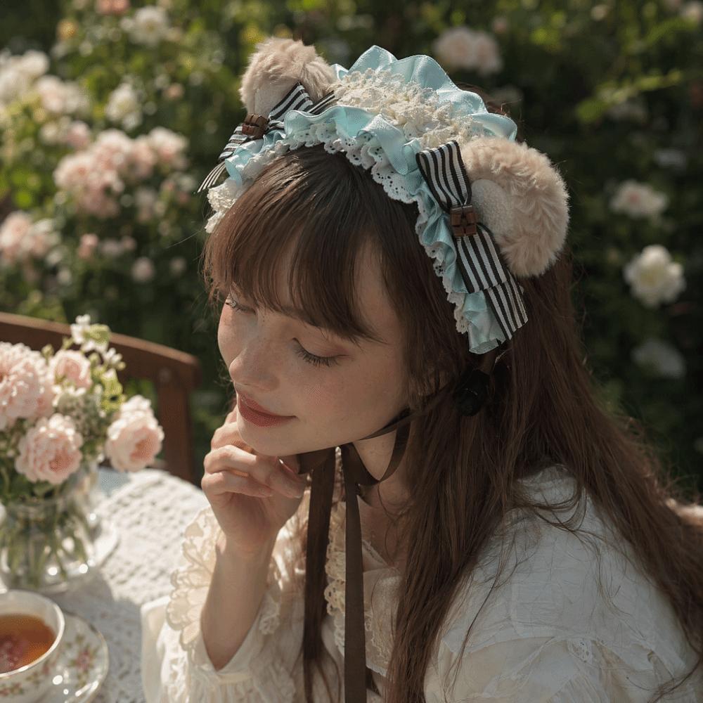 Sweet Lolita Hair Hoop Lace Bow KC Girl Hair Accessory Bear Ear Cookies Headband  Hair Styling