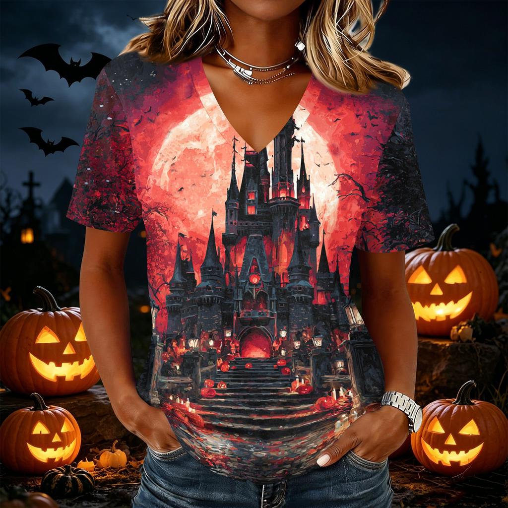 Women's Casual V Neck Pullover Top Halloween Themed Graphic Print Short Sleeve T Shirt Lightweight Comfortable Fit