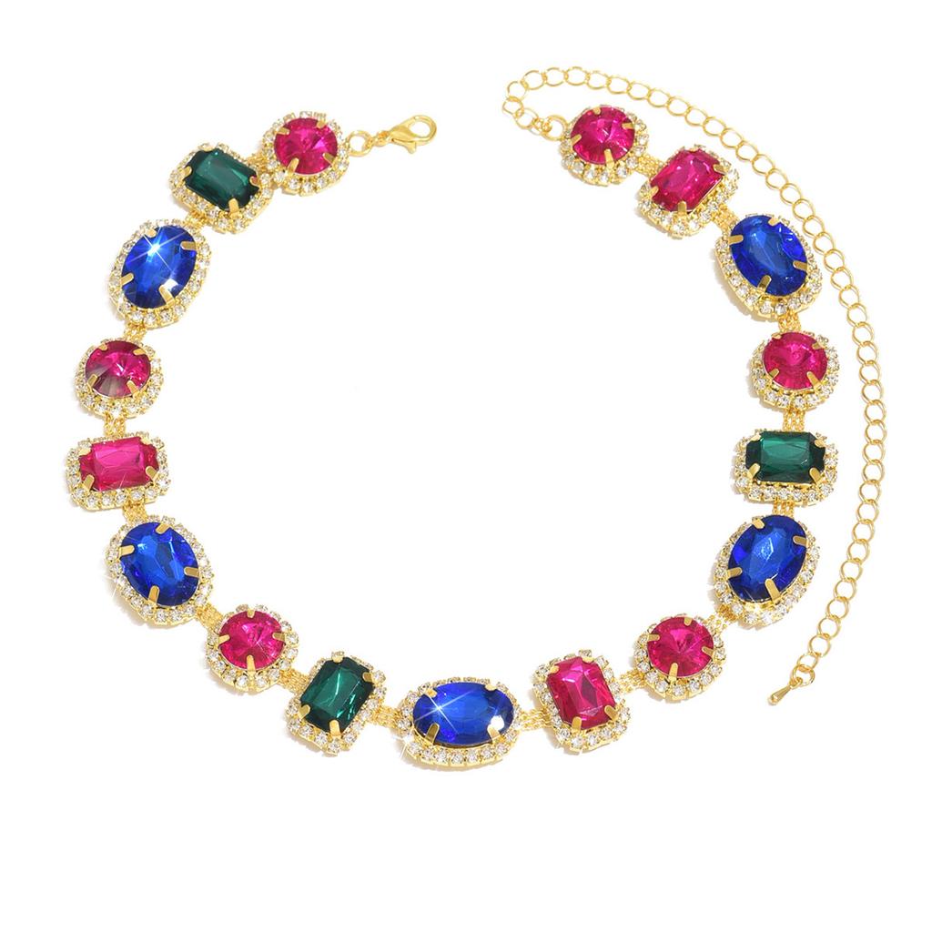 Luxury Full Diamond Geometric Oval Color Crystal Neck Chain Earrings Rhinestone Necklace Fashion Exaggerated Bundle Necklace