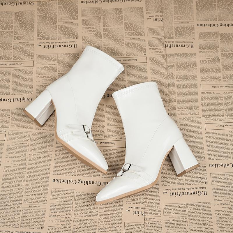 Pointed Toe Booties Women's Belt Buckle High Heels Fall/Winter  New Fashion Block Heel Outside Wear